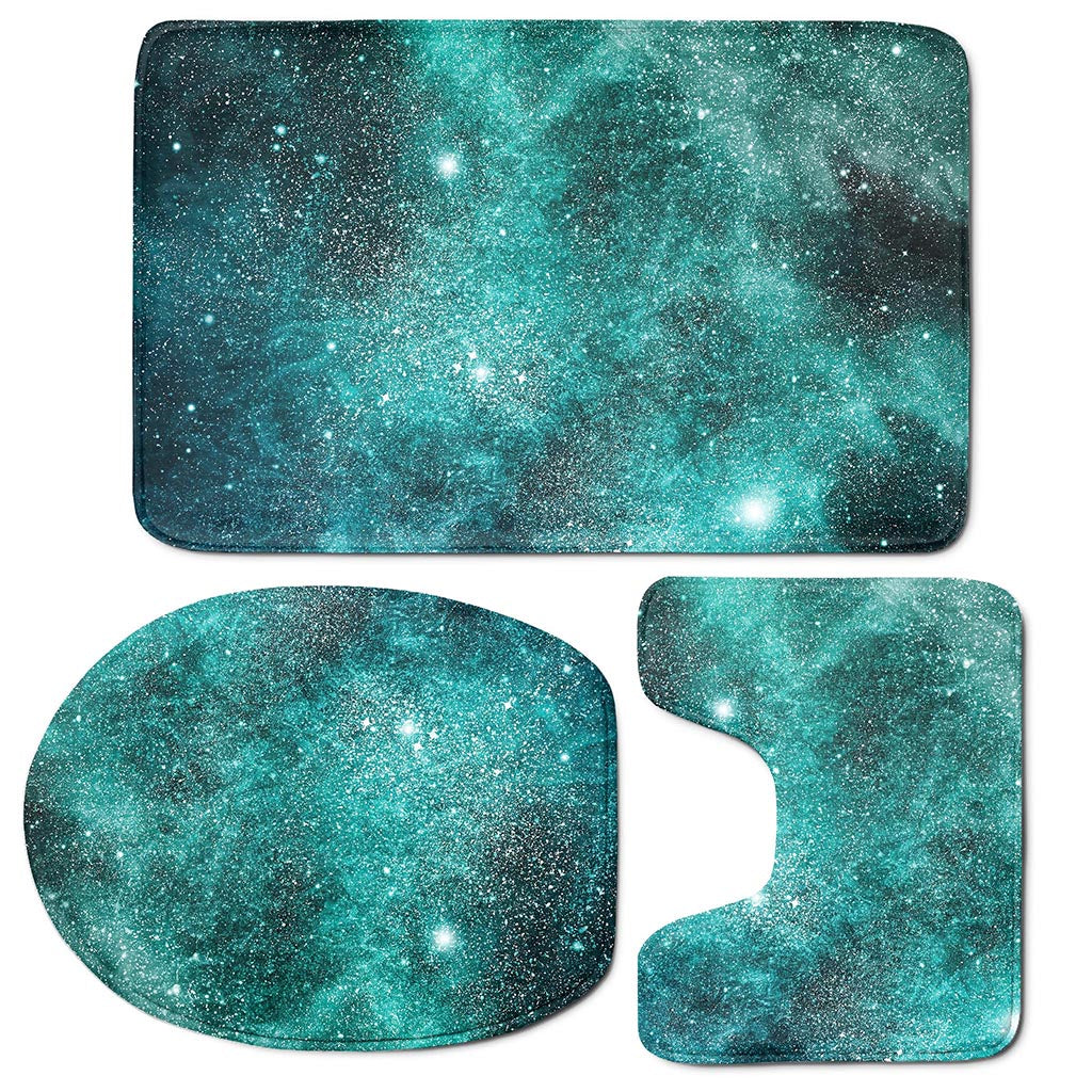Teal Stardust Galaxy Space Print 3 Piece Bath Mat Set
