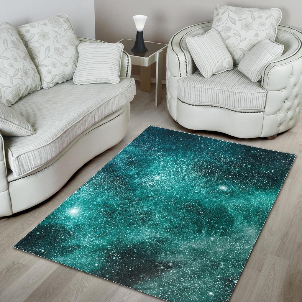 Teal Stardust Galaxy Space Print Area Rug GearFrost