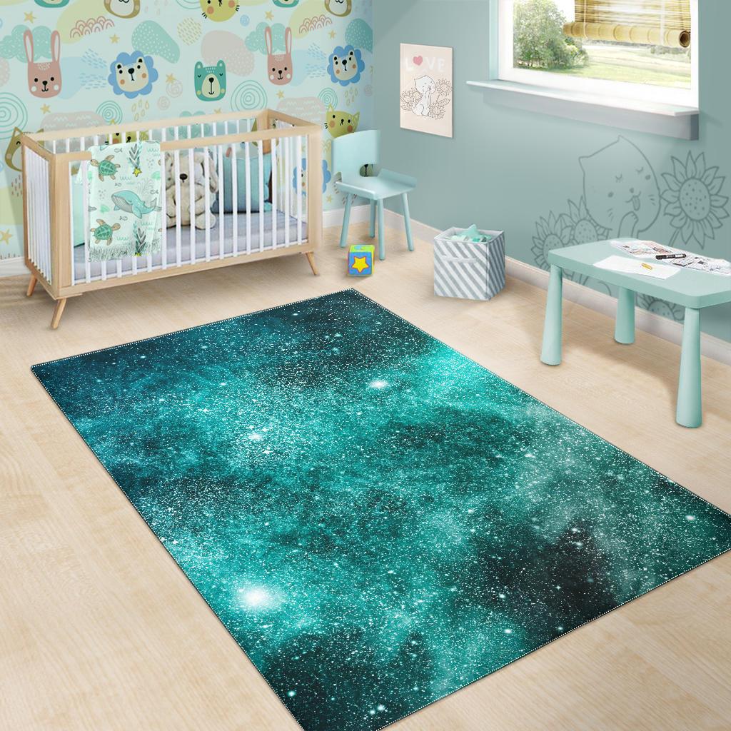 Teal Stardust Galaxy Space Print Area Rug GearFrost