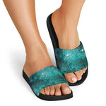 Teal Stardust Galaxy Space Print Black Slide Sandals