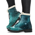 Teal Stardust Galaxy Space Print Faux Fur Leather Boots