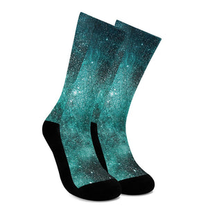 Teal Stardust Galaxy Space Print Crew Socks