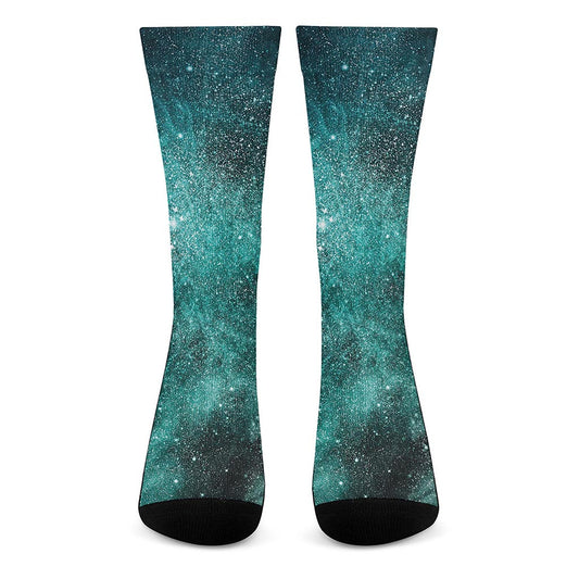 Teal Stardust Galaxy Space Print Crew Socks
