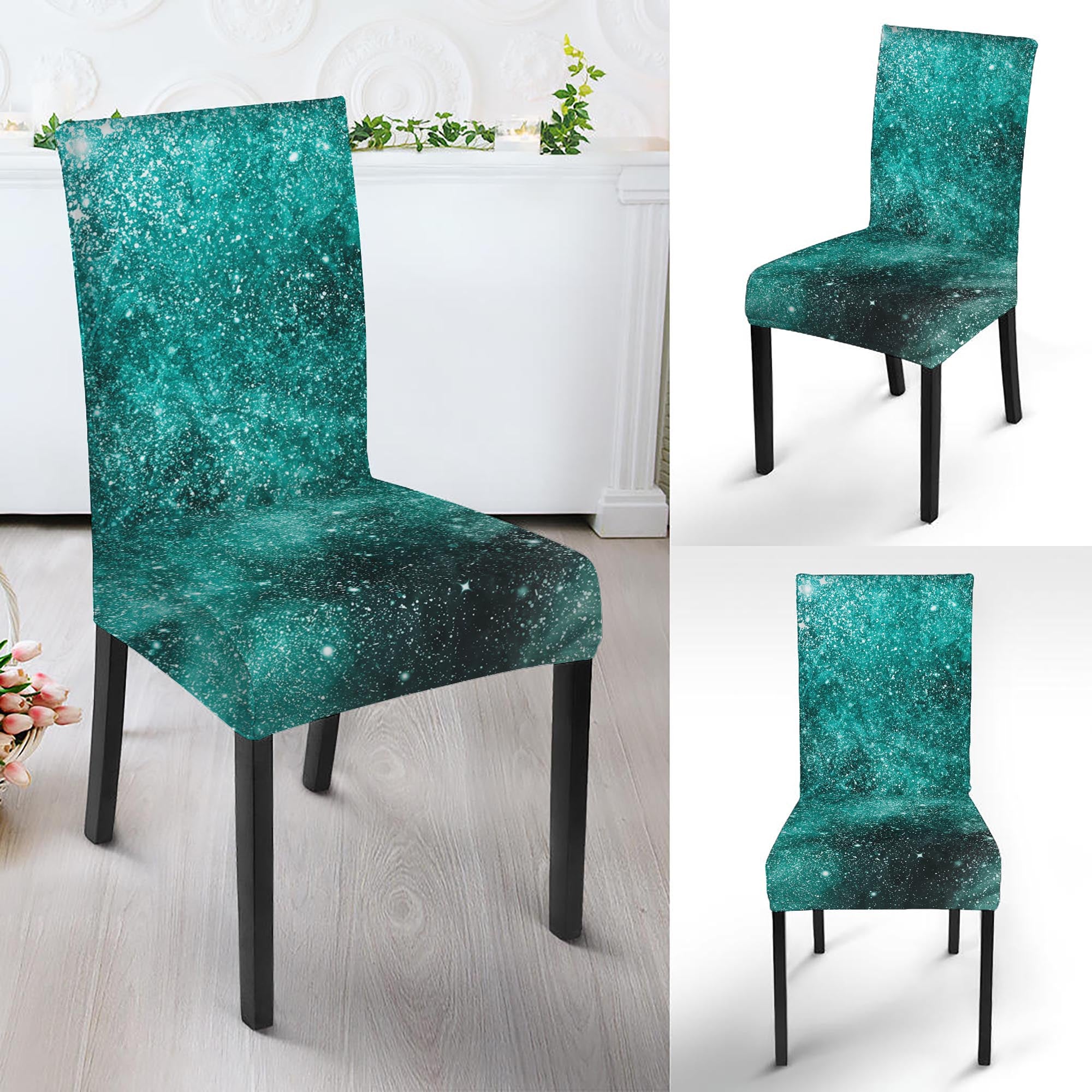 Teal Stardust Galaxy Space Print Dining Chair Slipcover