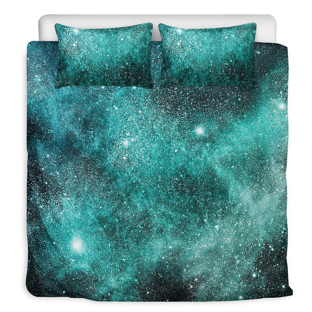 Teal Stardust Galaxy Space Print Duvet Cover Bedding Set