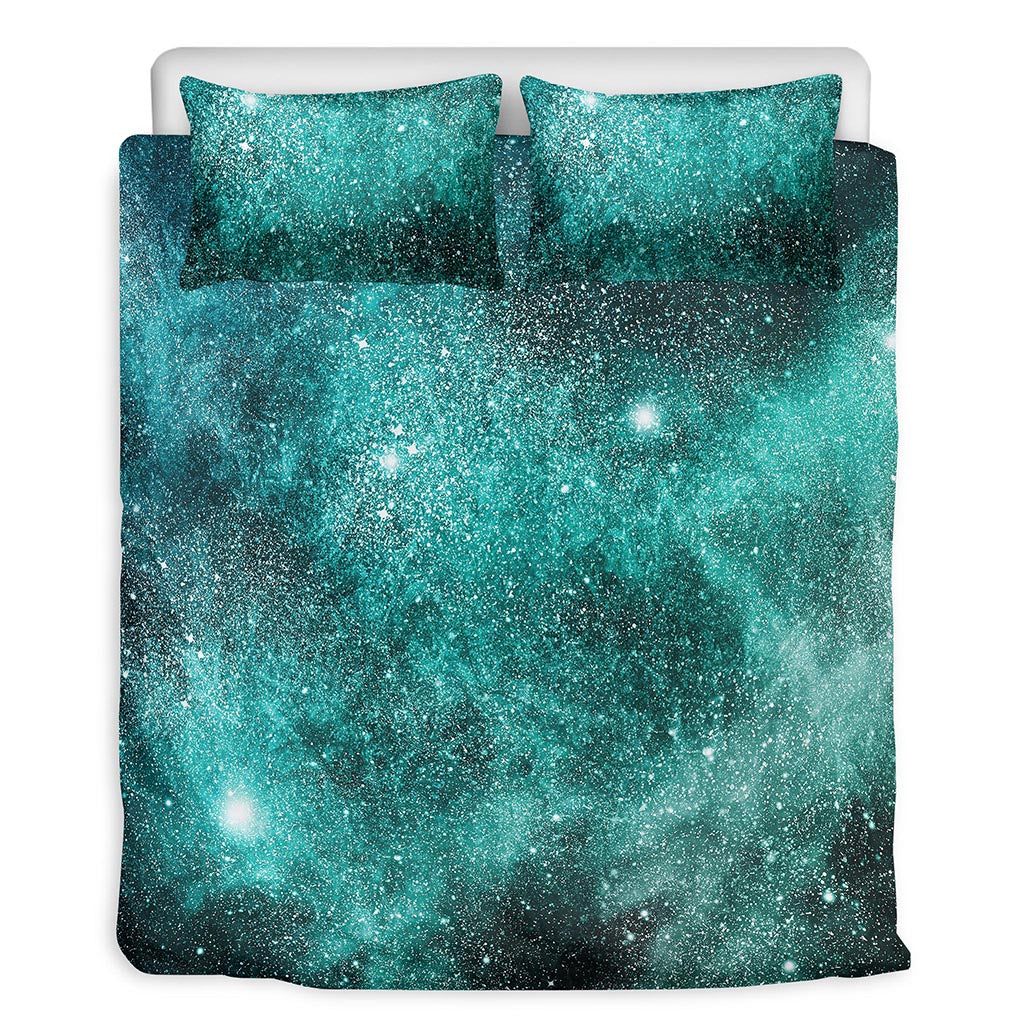 Teal Stardust Galaxy Space Print Duvet Cover Bedding Set