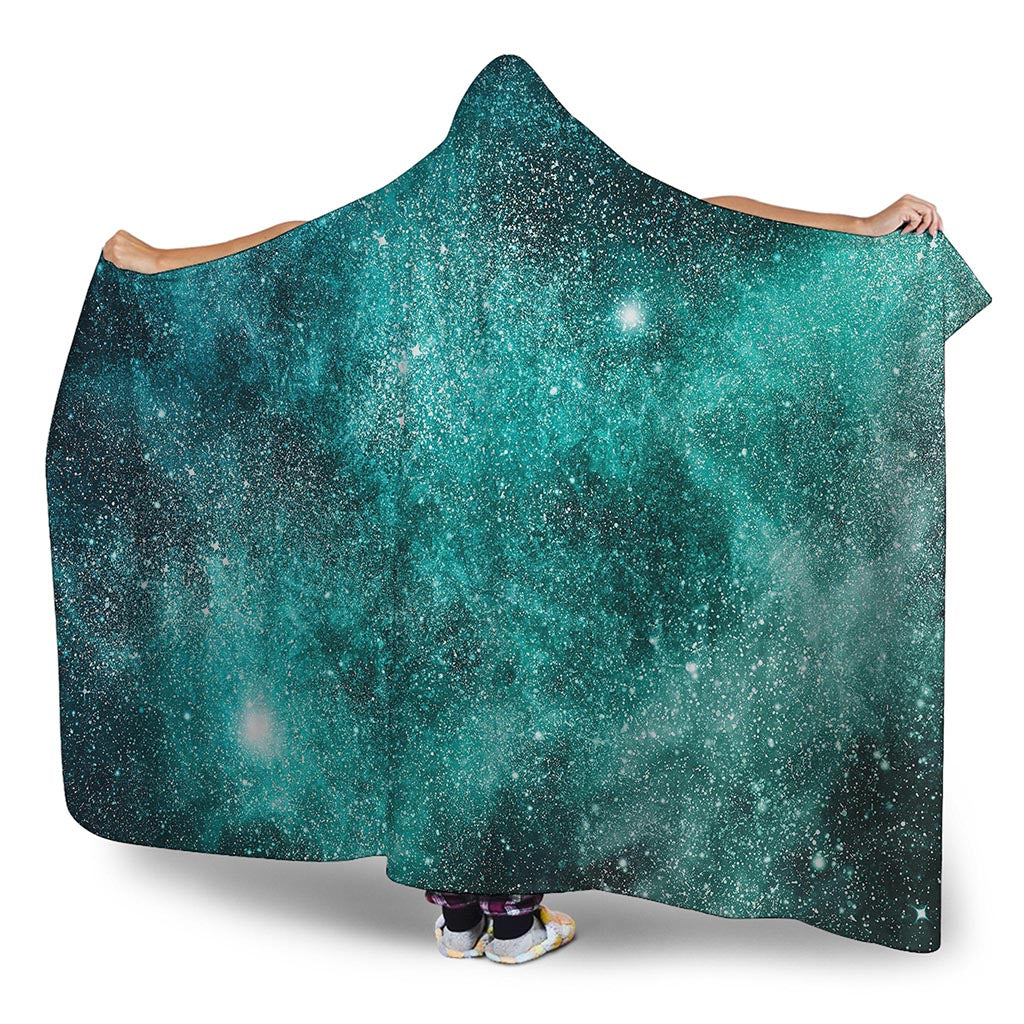 Teal Stardust Galaxy Space Print Hooded Blanket