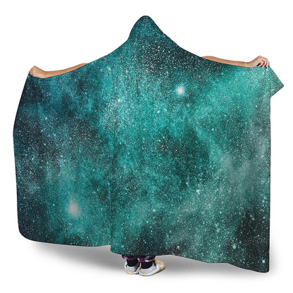 Teal Stardust Galaxy Space Print Hooded Blanket