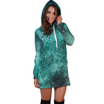 Teal Stardust Galaxy Space Print Hoodie Dress GearFrost