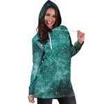 Teal Stardust Galaxy Space Print Hoodie Dress GearFrost
