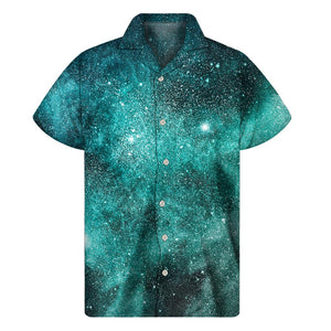 Teal Stardust Galaxy Space Print Men's Short Sleeve Shirt