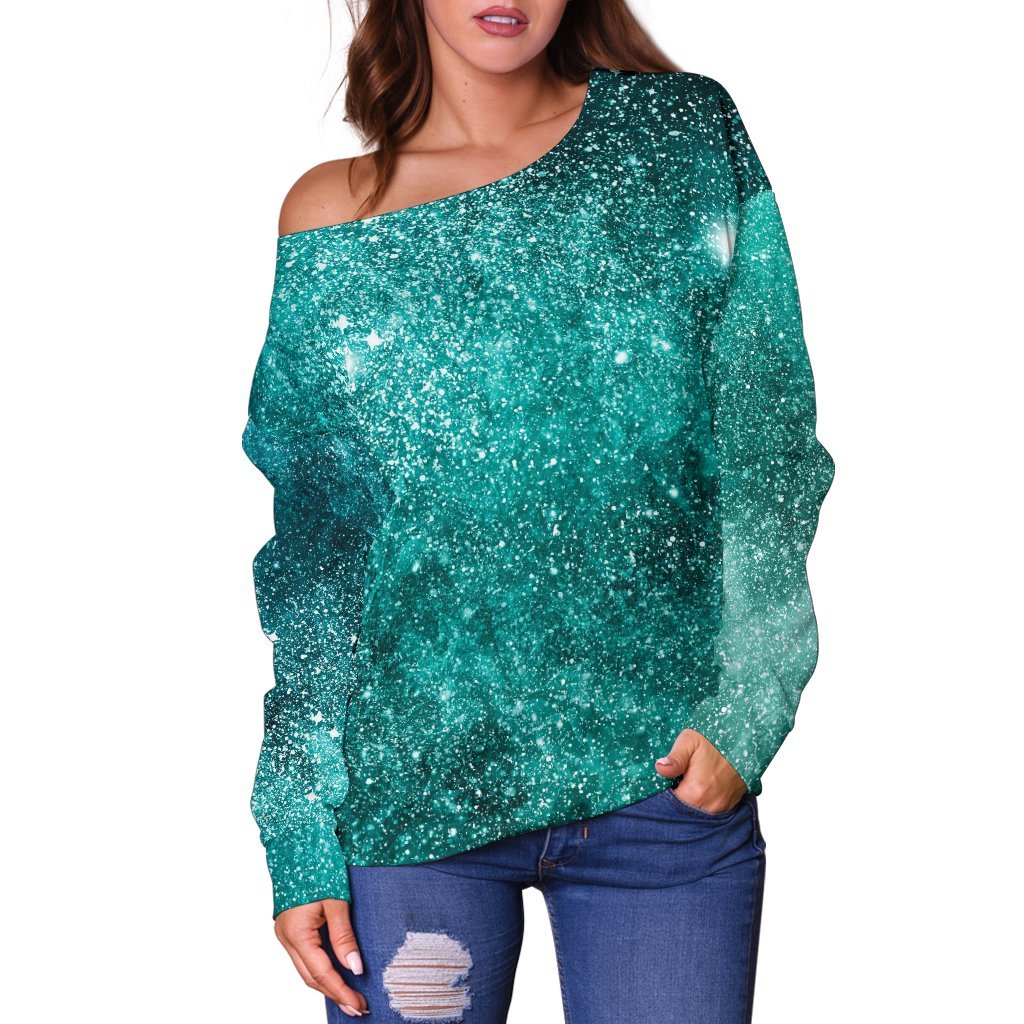 Teal Stardust Galaxy Space Print Off Shoulder Sweatshirt GearFrost