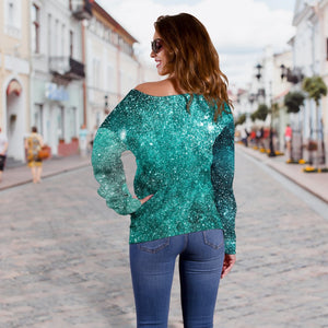 Teal Stardust Galaxy Space Print Off Shoulder Sweatshirt GearFrost