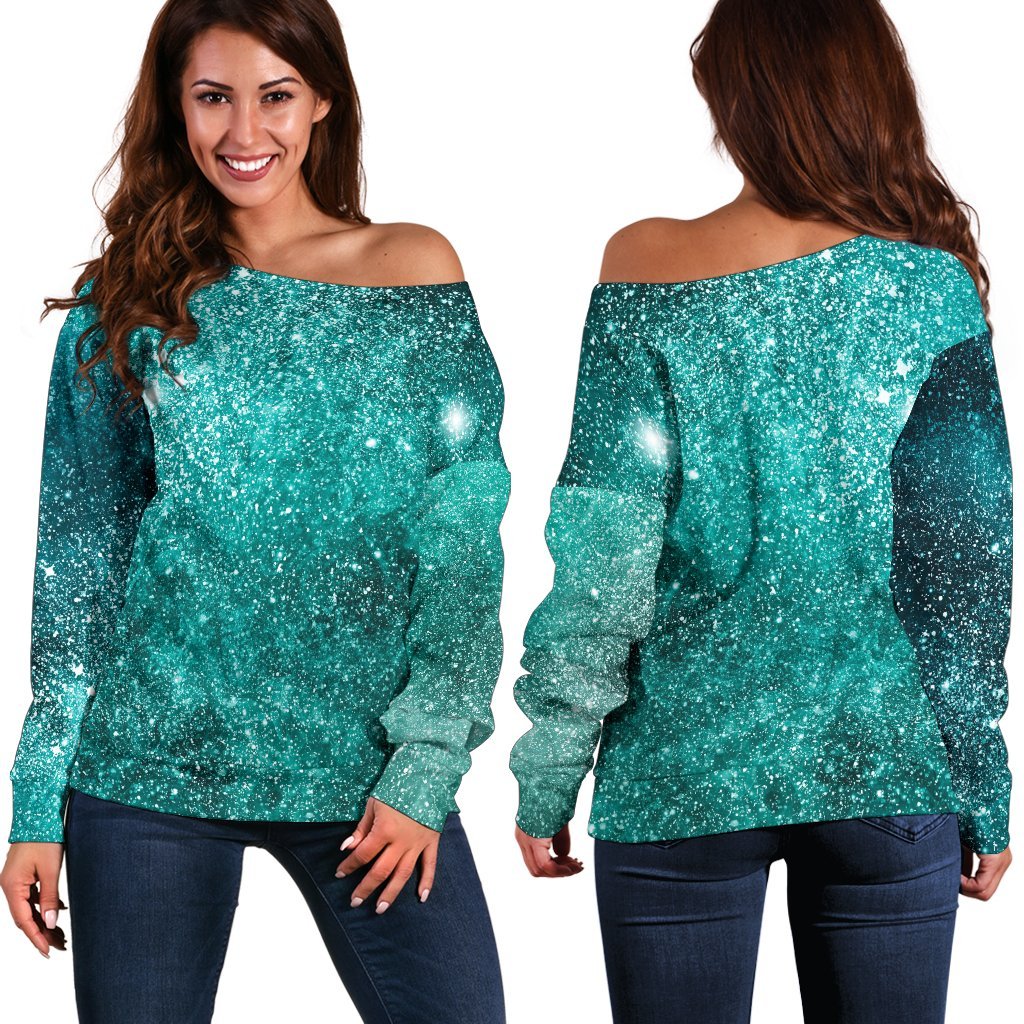 Teal Stardust Galaxy Space Print Off Shoulder Sweatshirt GearFrost