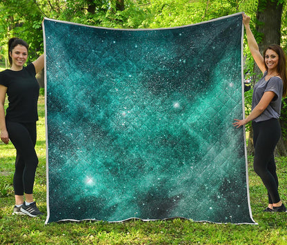 Teal Stardust Galaxy Space Print Quilt