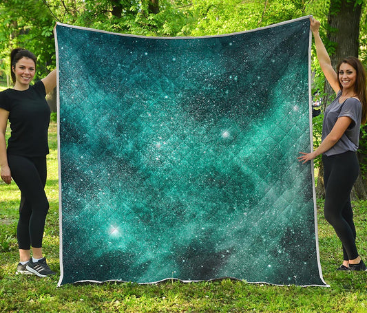 Teal Stardust Galaxy Space Print Quilt