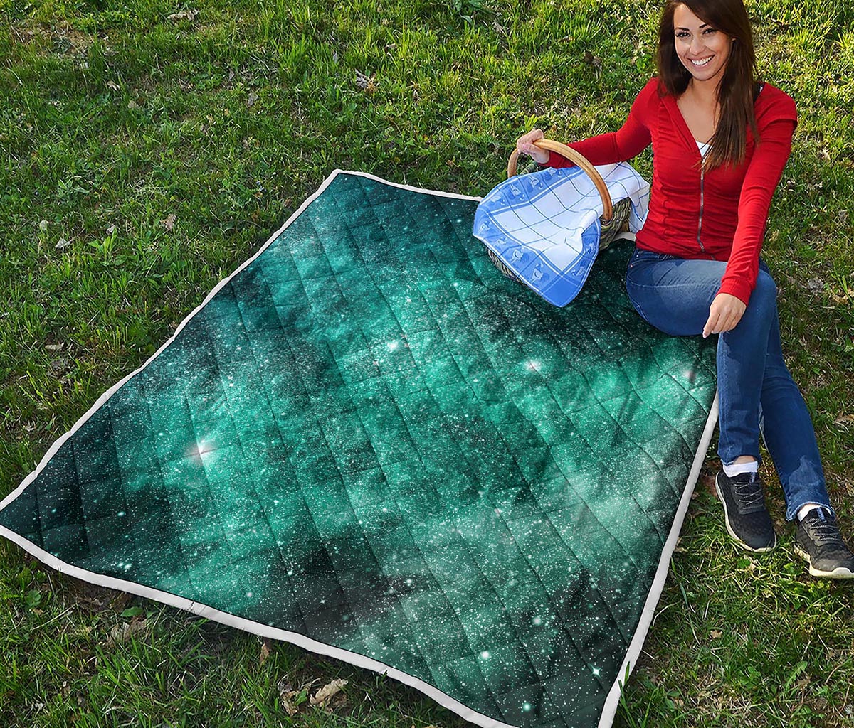 Teal Stardust Galaxy Space Print Quilt