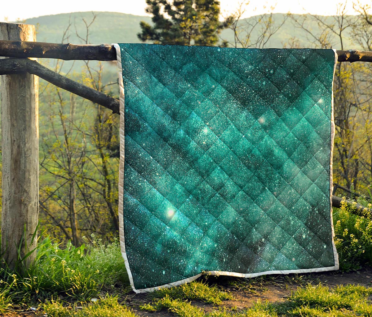 Teal Stardust Galaxy Space Print Quilt