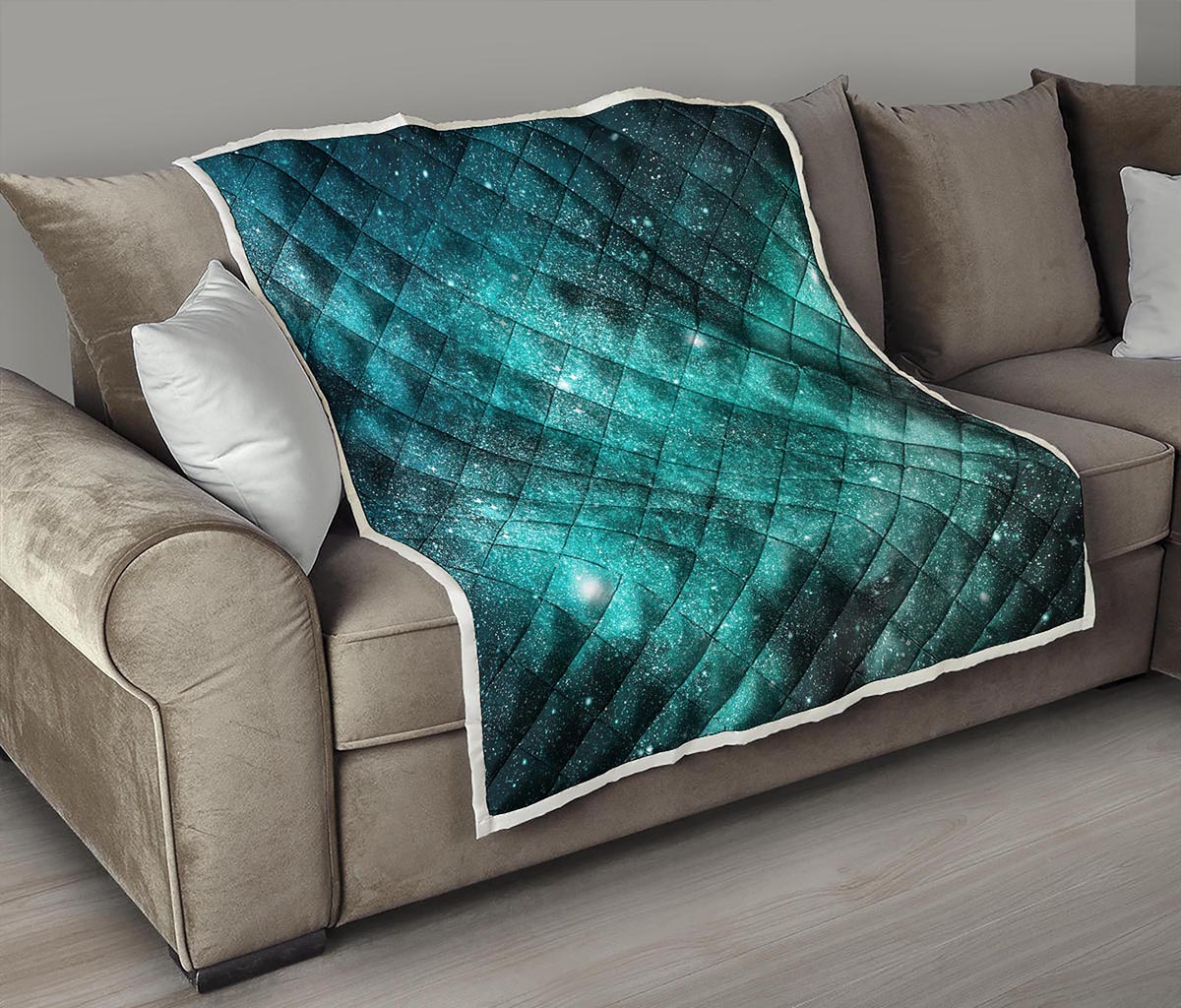 Teal Stardust Galaxy Space Print Quilt