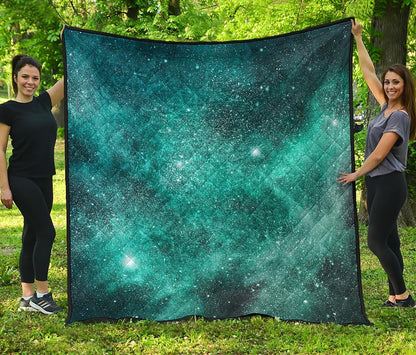 Teal Stardust Galaxy Space Print Quilt