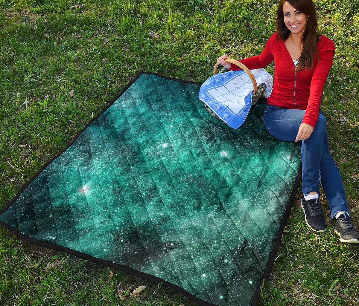 Teal Stardust Galaxy Space Print Quilt