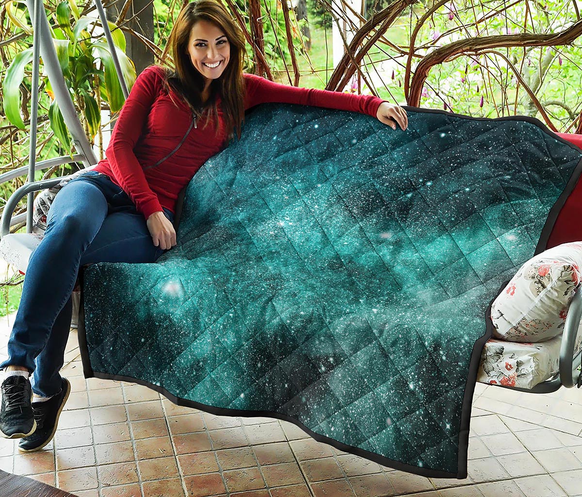 Teal Stardust Galaxy Space Print Quilt