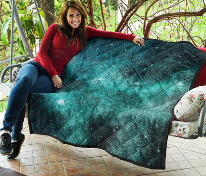 Teal Stardust Galaxy Space Print Quilt