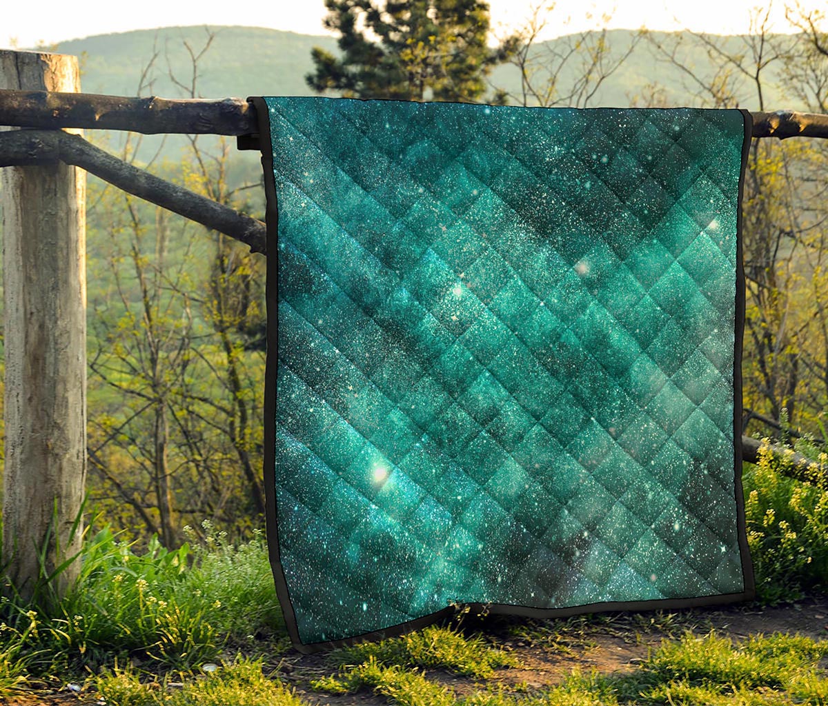 Teal Stardust Galaxy Space Print Quilt