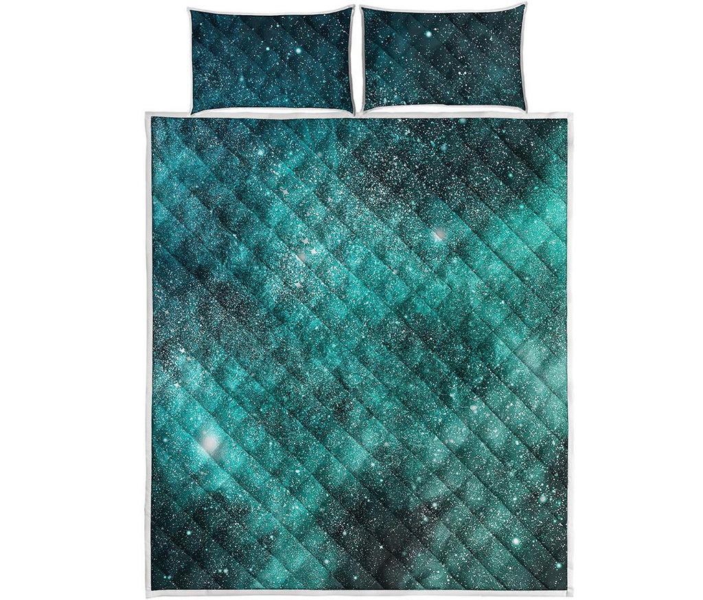 Teal Stardust Galaxy Space Print Quilt Bed Set