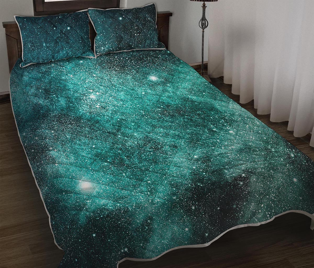 Teal Stardust Galaxy Space Print Quilt Bed Set
