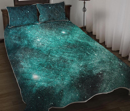 Teal Stardust Galaxy Space Print Quilt Bed Set