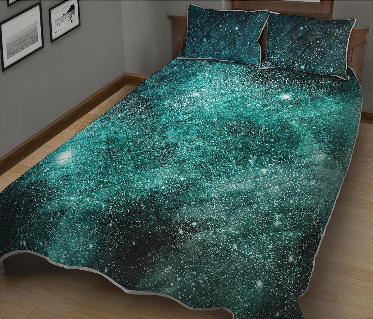 Teal Stardust Galaxy Space Print Quilt Bed Set