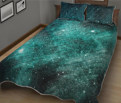 Teal Stardust Galaxy Space Print Quilt Bed Set