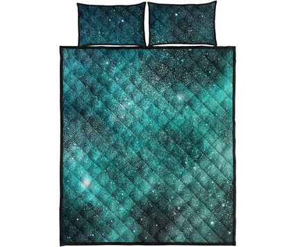 Teal Stardust Galaxy Space Print Quilt Bed Set
