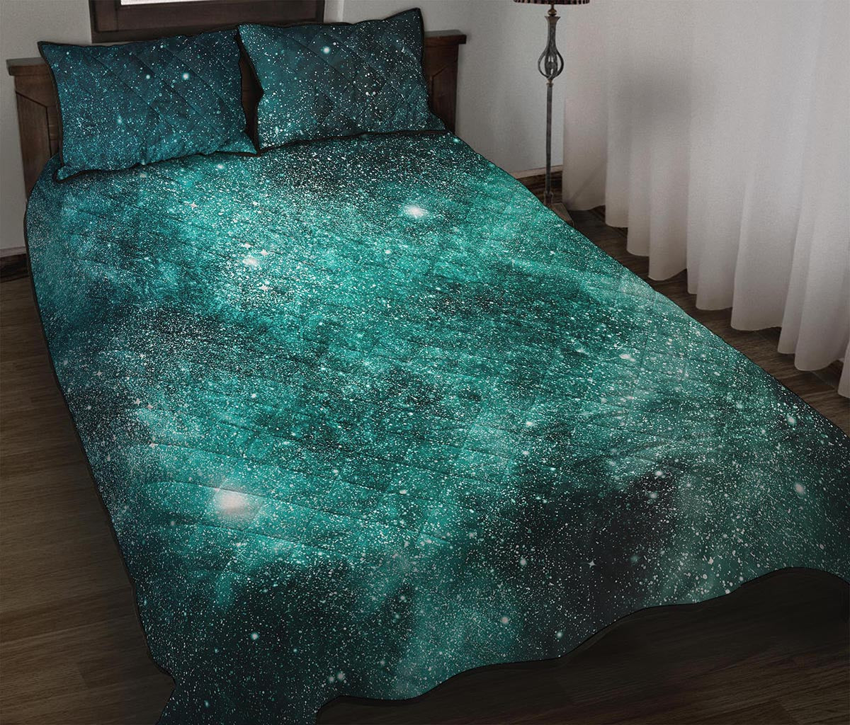 Teal Stardust Galaxy Space Print Quilt Bed Set