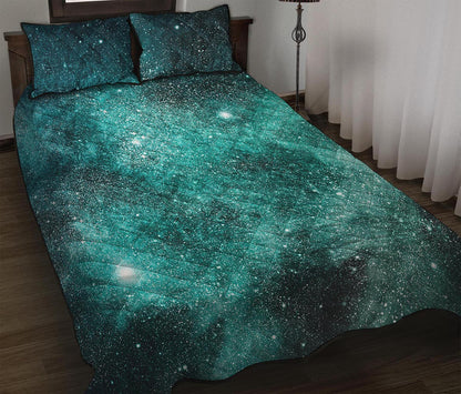 Teal Stardust Galaxy Space Print Quilt Bed Set