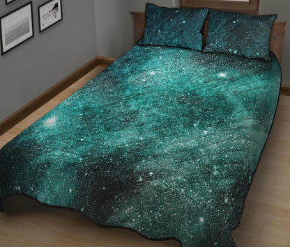 Teal Stardust Galaxy Space Print Quilt Bed Set