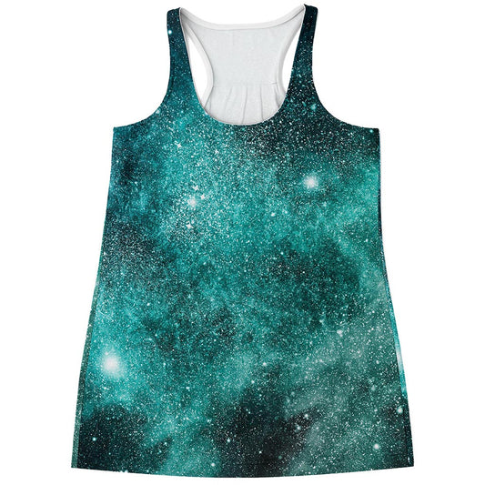 Teal Stardust Galaxy Space Print Women's Racerback Tank Top