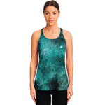 Teal Stardust Galaxy Space Print Women's Racerback Tank Top