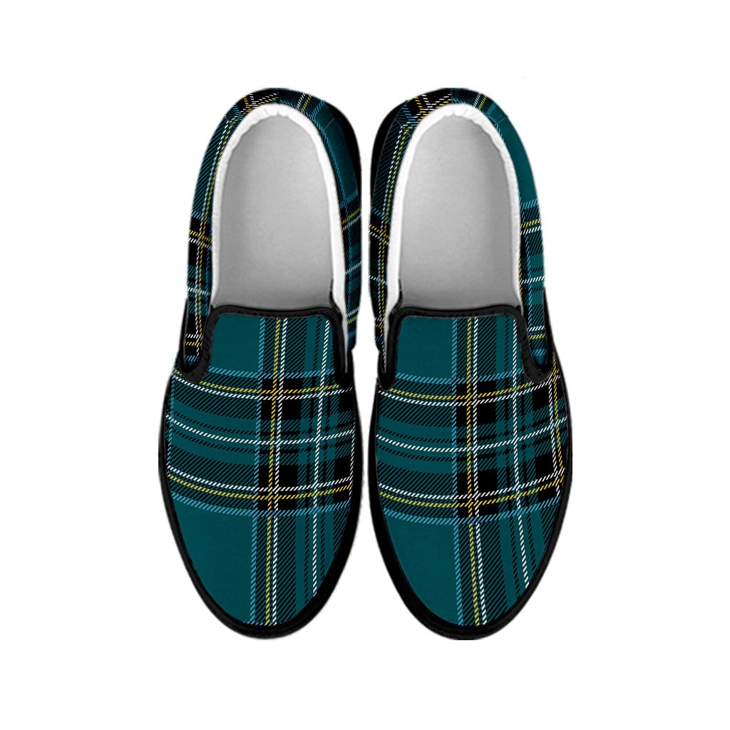 Teal Stewart Tartan Pattern Print Black Slip On Shoes