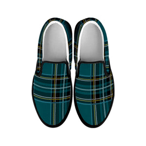 Teal Stewart Tartan Pattern Print Black Slip On Shoes