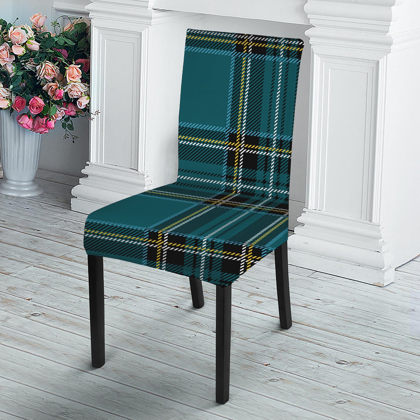Teal Stewart Tartan Pattern Print Dining Chair Slipcover