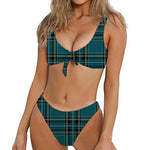 Teal Stewart Tartan Pattern Print Front Bow Tie Bikini