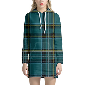 Teal Stewart Tartan Pattern Print Hoodie Dress