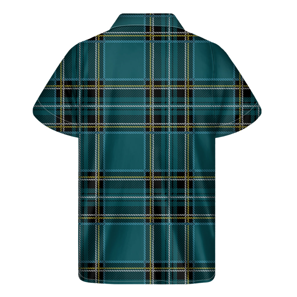 Teal Stewart Tartan Pattern Print Men's Short Sleeve Shirt