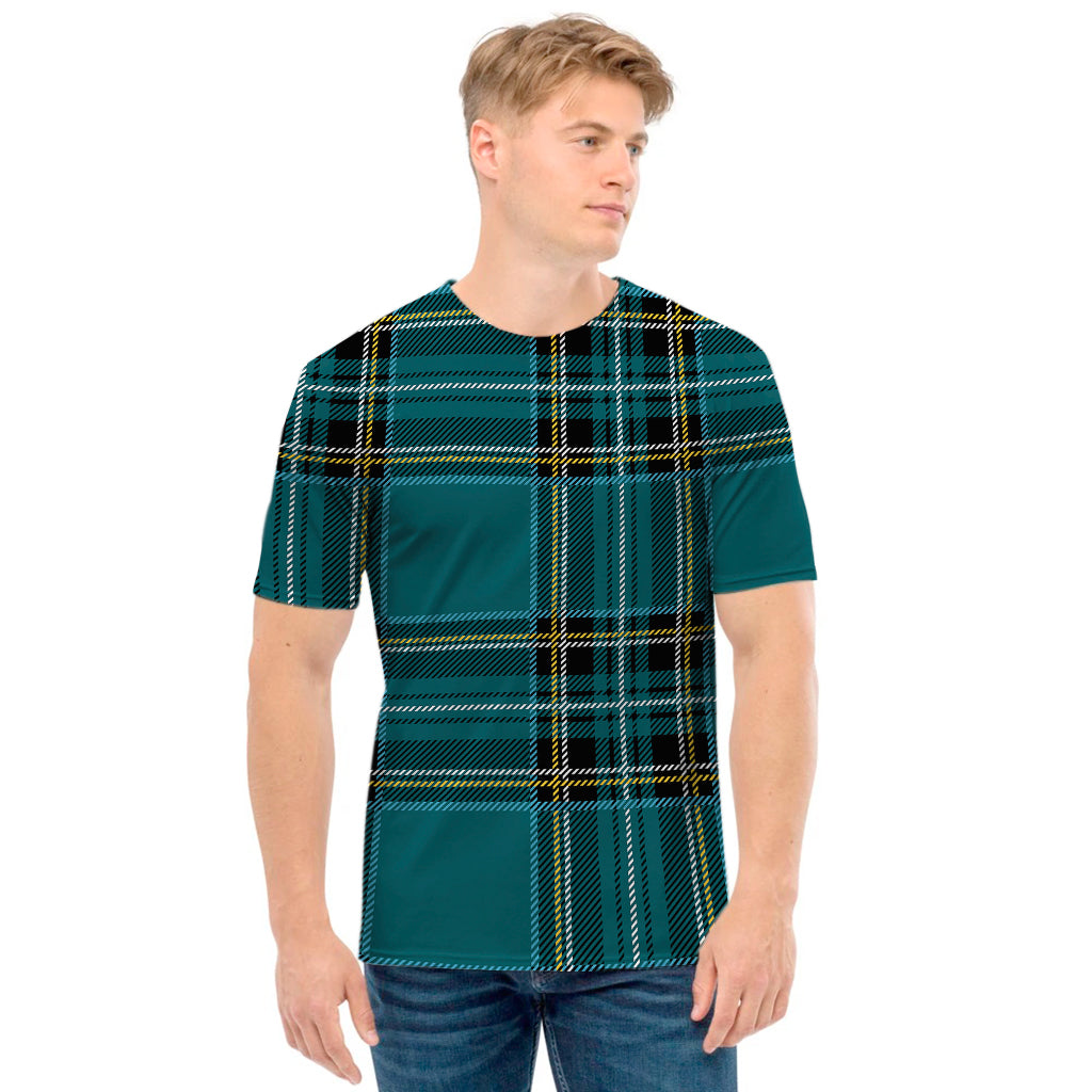 Teal Stewart Tartan Pattern Print Men's T-Shirt