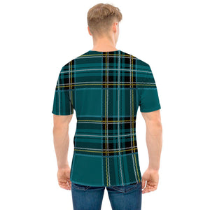 Teal Stewart Tartan Pattern Print Men's T-Shirt