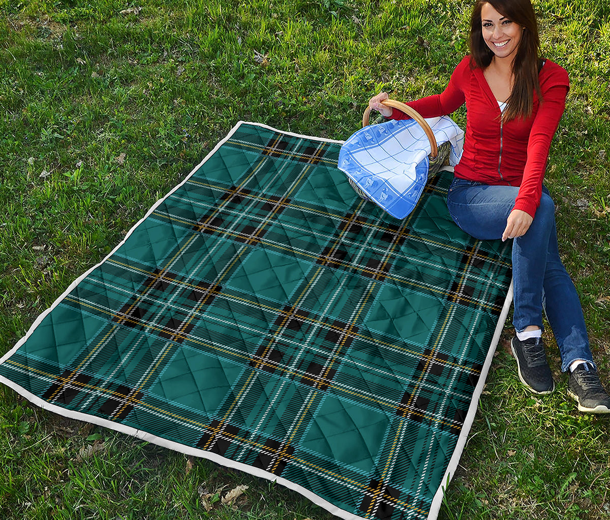 Teal Stewart Tartan Pattern Print Quilt