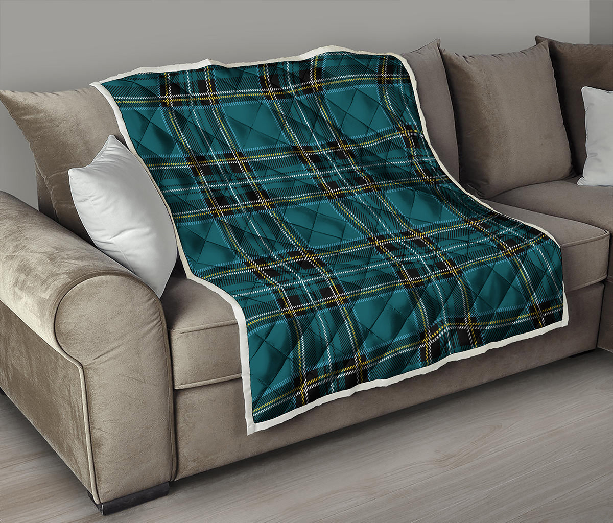 Teal Stewart Tartan Pattern Print Quilt