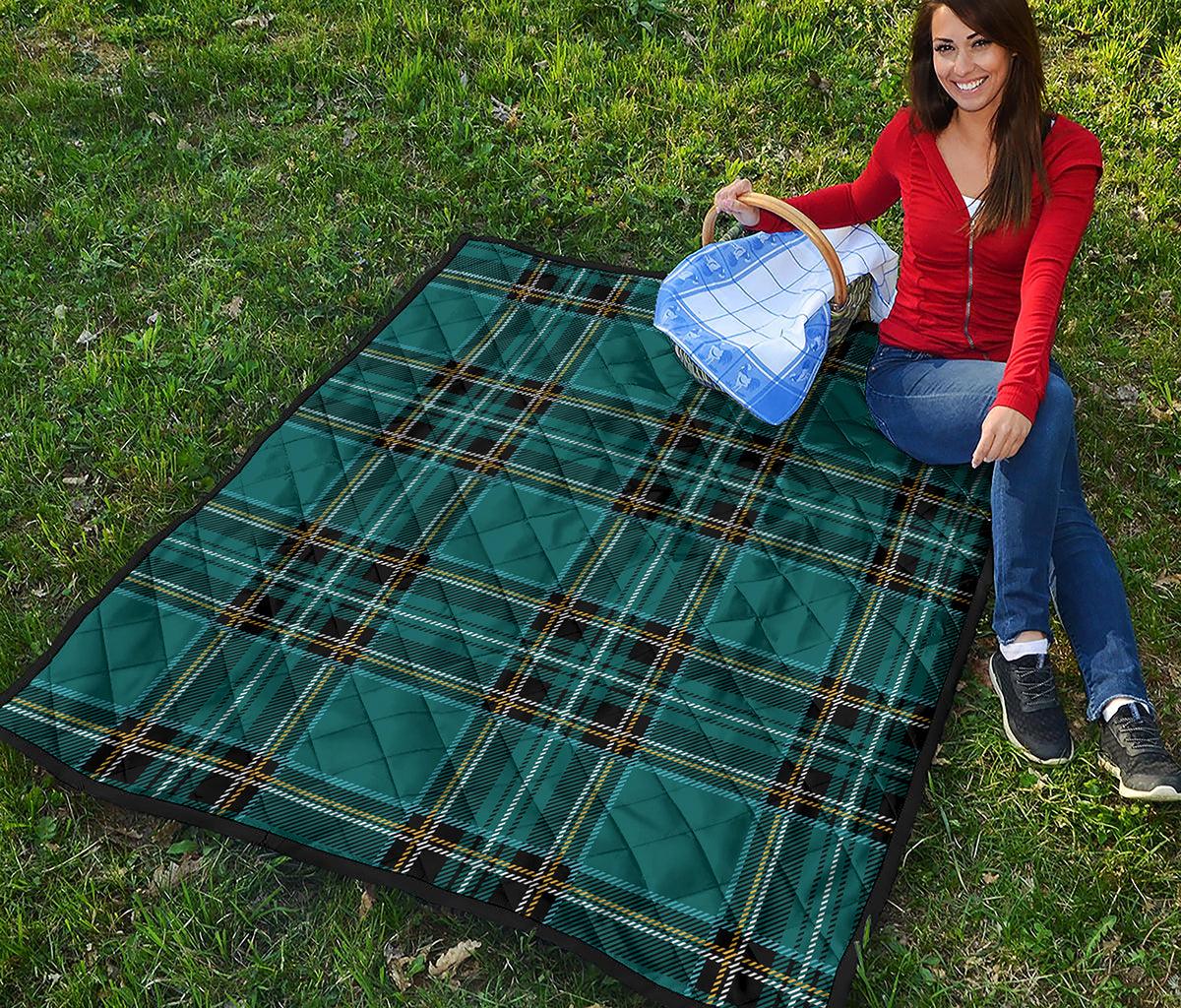 Teal Stewart Tartan Pattern Print Quilt